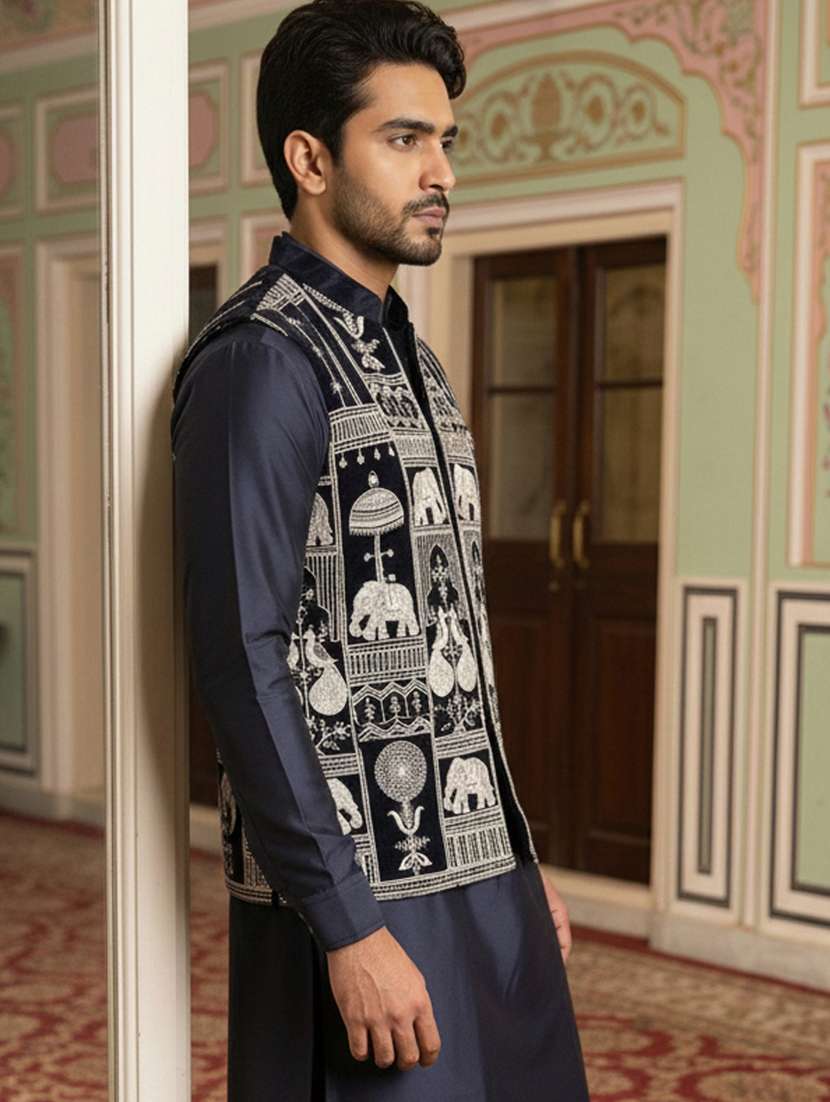 men solid with work mandarin neck nehru jacket - 22379308 -  Standard Image - 3