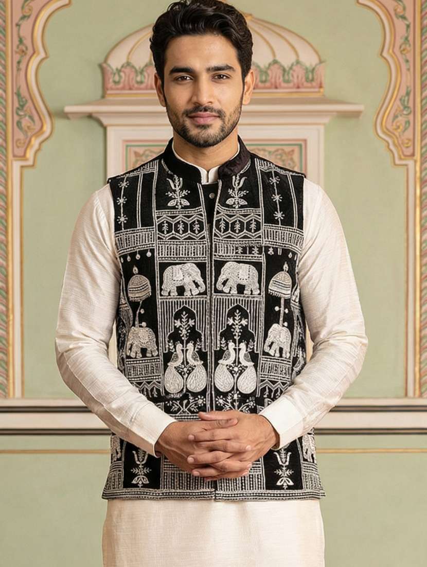 men solid with work mandarin neck nehru jacket
