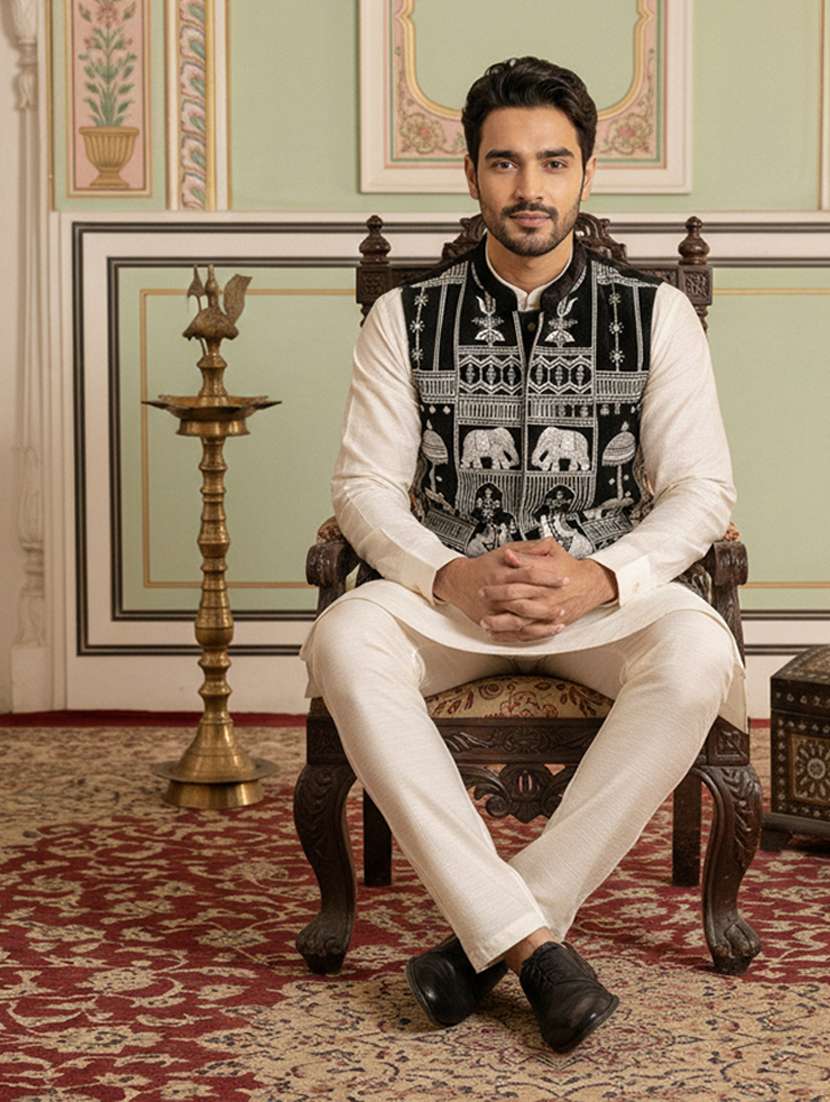 men solid with work mandarin neck nehru jacket - 22379309 -  Standard Image - 5