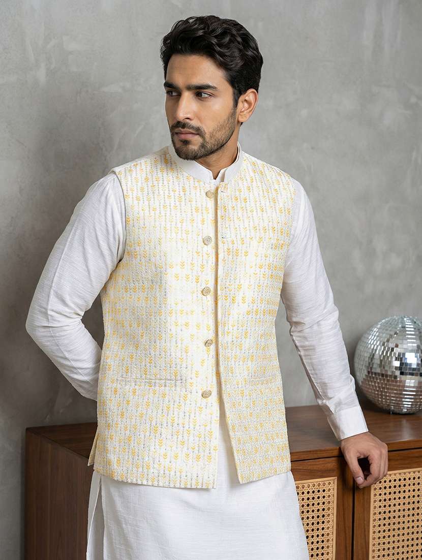 men solid with work mandarin neck nehru jacket