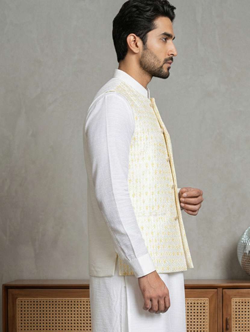 men solid with work mandarin neck nehru jacket - 22379312 -  Standard Image - 3