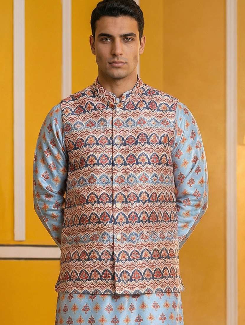 men printed mandarin neck nehru jacket