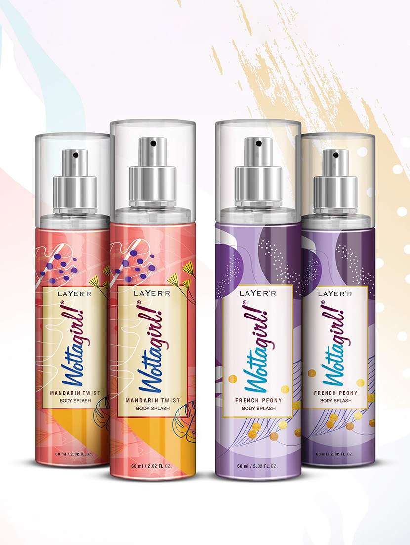 layer'r wottagirl body splash combo pack of 4 -mandarin twist 60ml and french peony 60 ml, spray, women