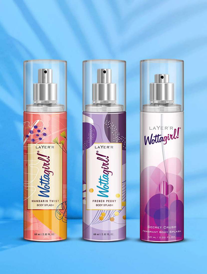 layer'r wottagirl body splash combo pack of 3 mandarin twist 60 ml, french peony 60 ml and secret crush 60 ml, spray, women