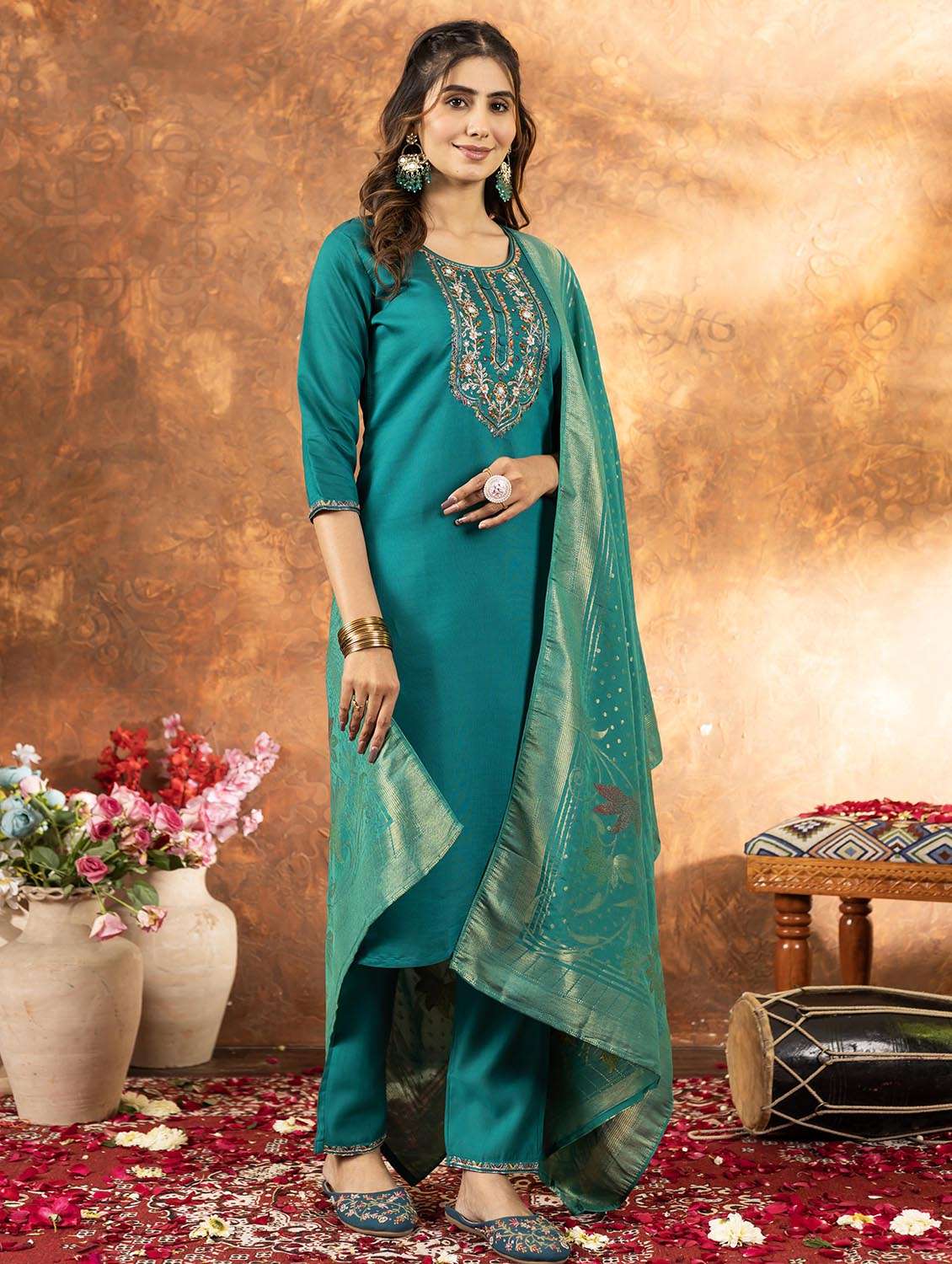 women solid with work three quarter sleeve kurta pant with dupatta set - 22379411 -  Standard Image - 3