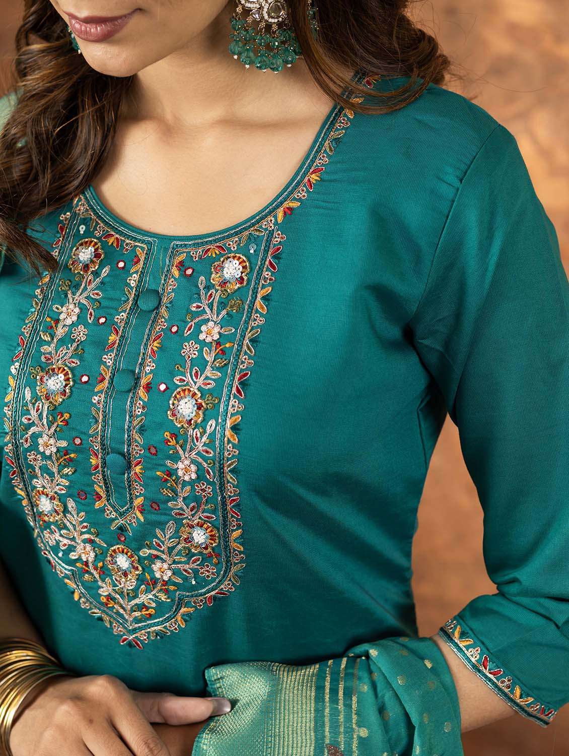 women solid with work three quarter sleeve kurta pant with dupatta set - 22379411 -  Standard Image - 5