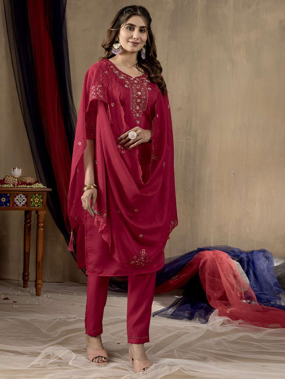 women solid with work three quarter sleeve kurta pant with dupatta set - 22379415 -  Standard Image - 3