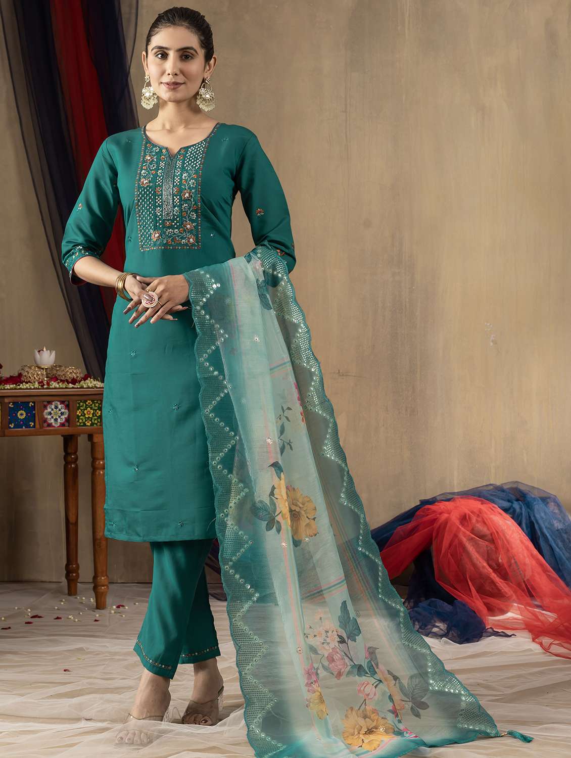 women solid with work three quarter sleeve kurta pant with dupatta set