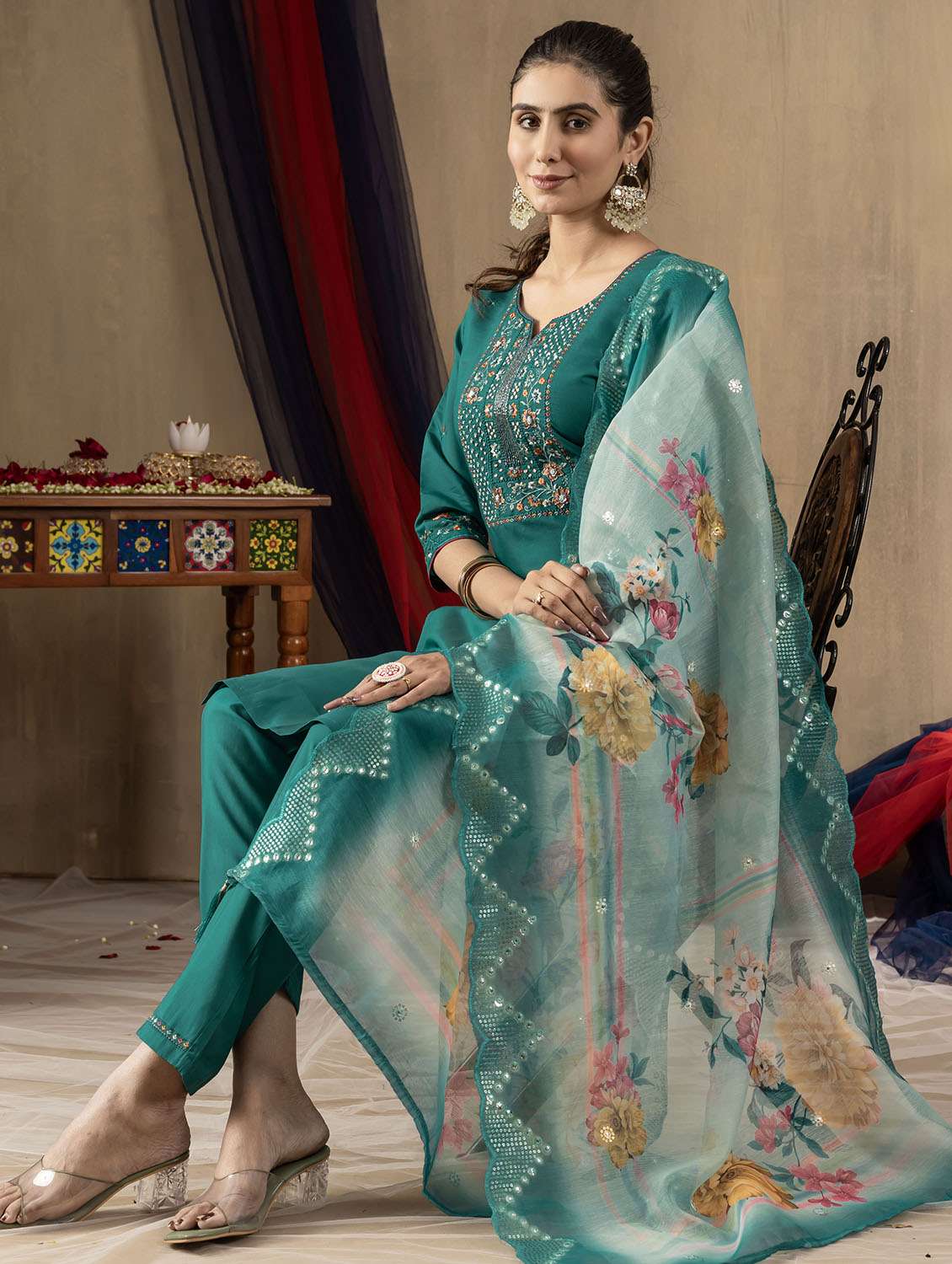 women solid with work three quarter sleeve kurta pant with dupatta set - 22379417 -  Standard Image - 3