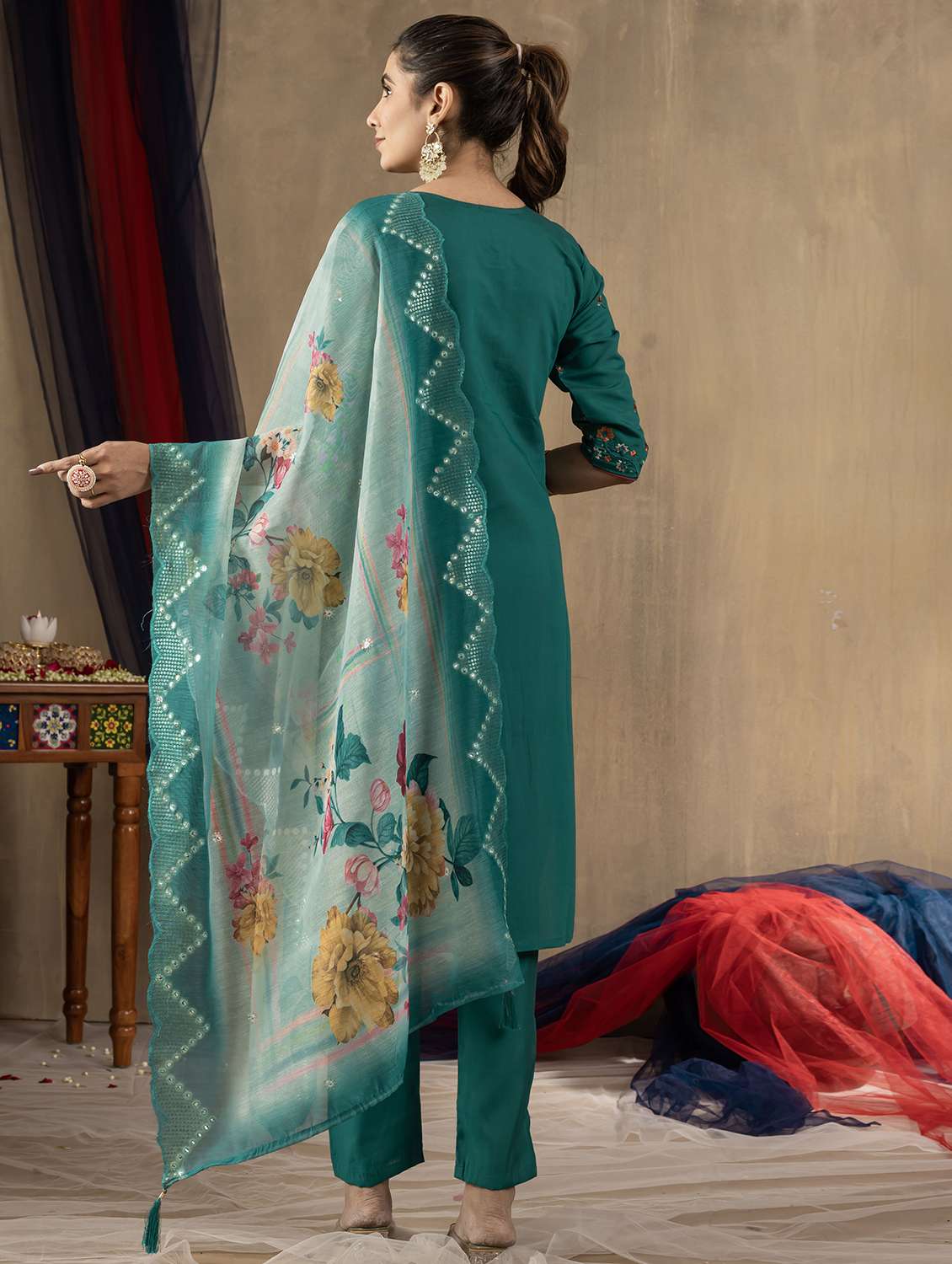 women solid with work three quarter sleeve kurta pant with dupatta set - 22379417 -  Standard Image - 5