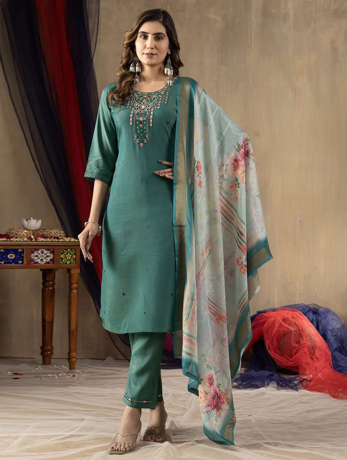 women solid with work three quarter sleeve kurta pant with dupatta set
