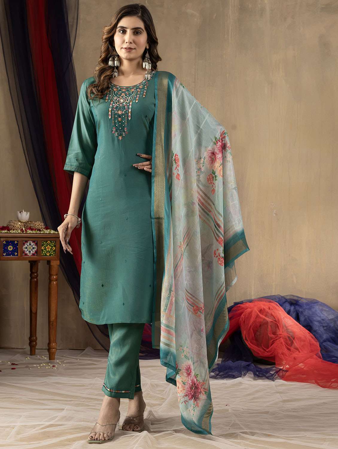 women solid with work three quarter sleeve kurta pant with dupatta set - 22379420 -  Standard Image - 5