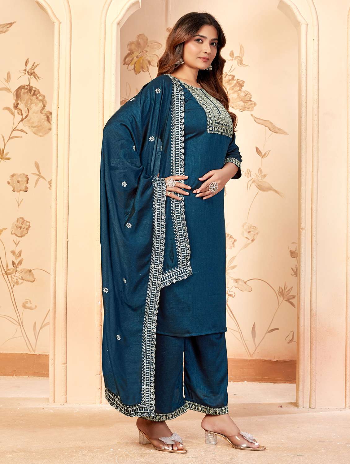 women solid with work three quarter sleeve kurta pant with dupatta set - 22379424 -  Standard Image - 3
