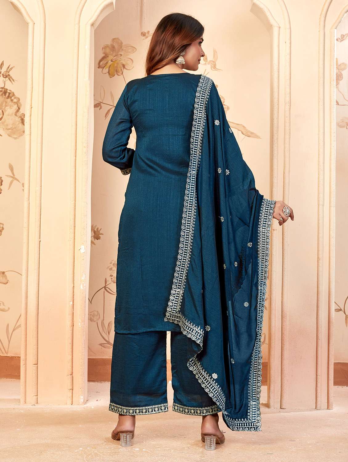 women solid with work three quarter sleeve kurta pant with dupatta set - 22379424 -  Standard Image - 5