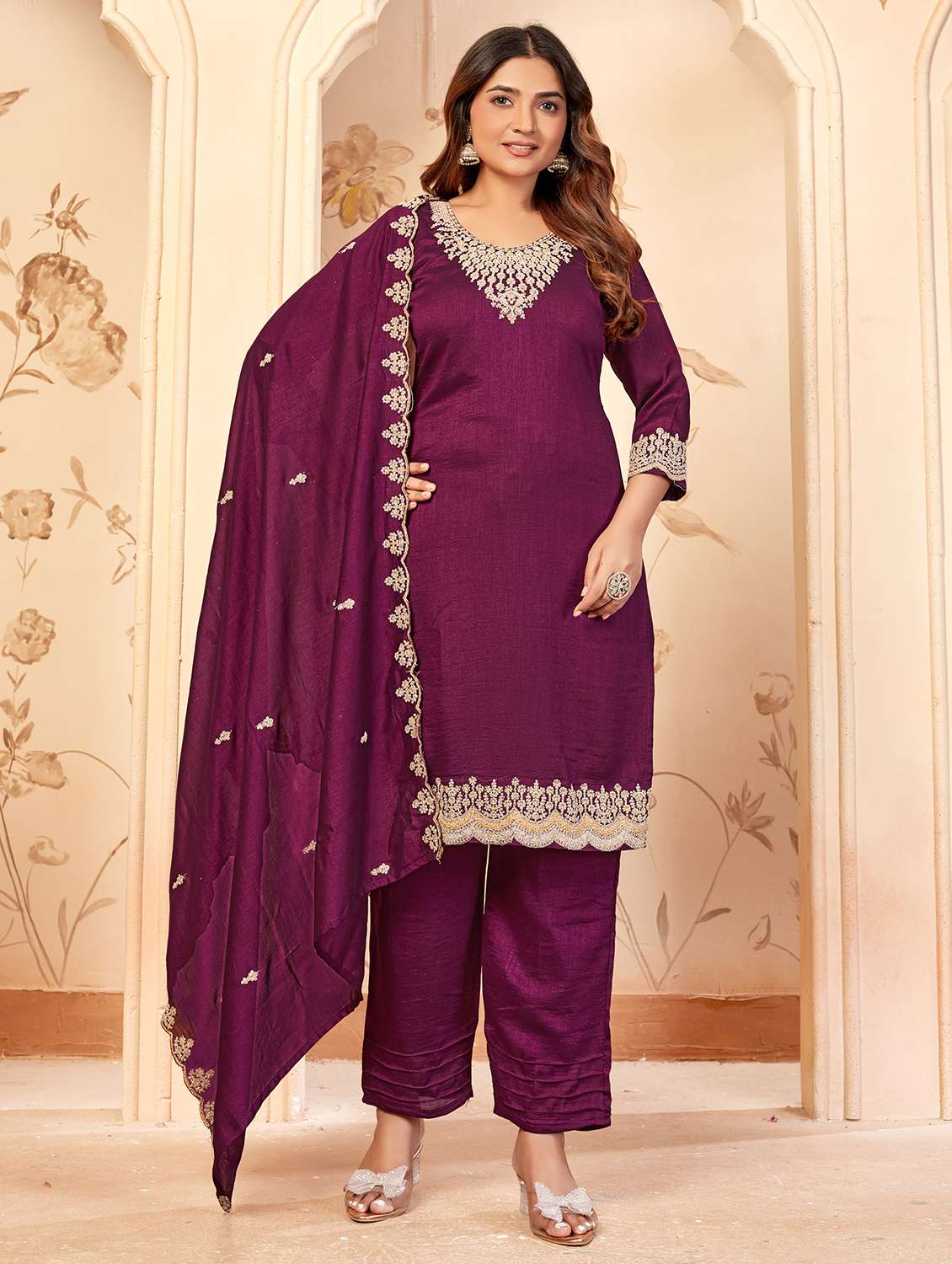 women solid with work three quarter sleeve kurta pant with dupatta set