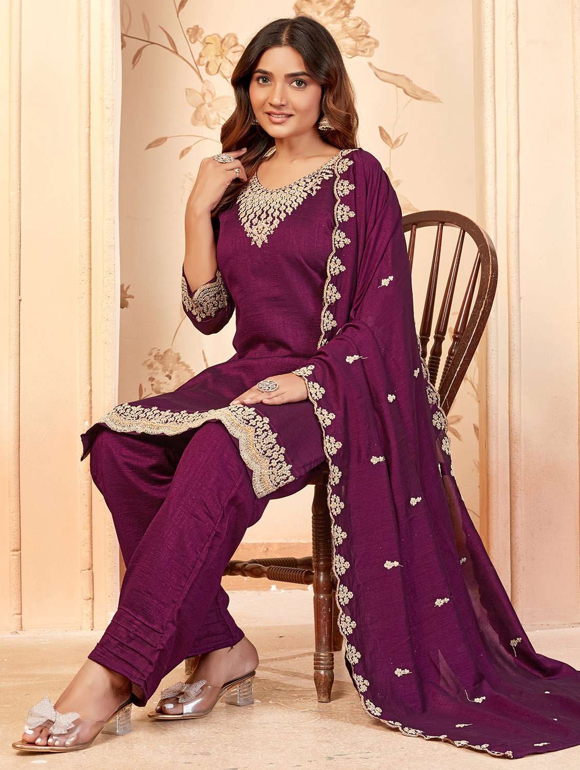 women solid with work three quarter sleeve kurta pant with dupatta set - 22379427 -  Standard Image - 3
