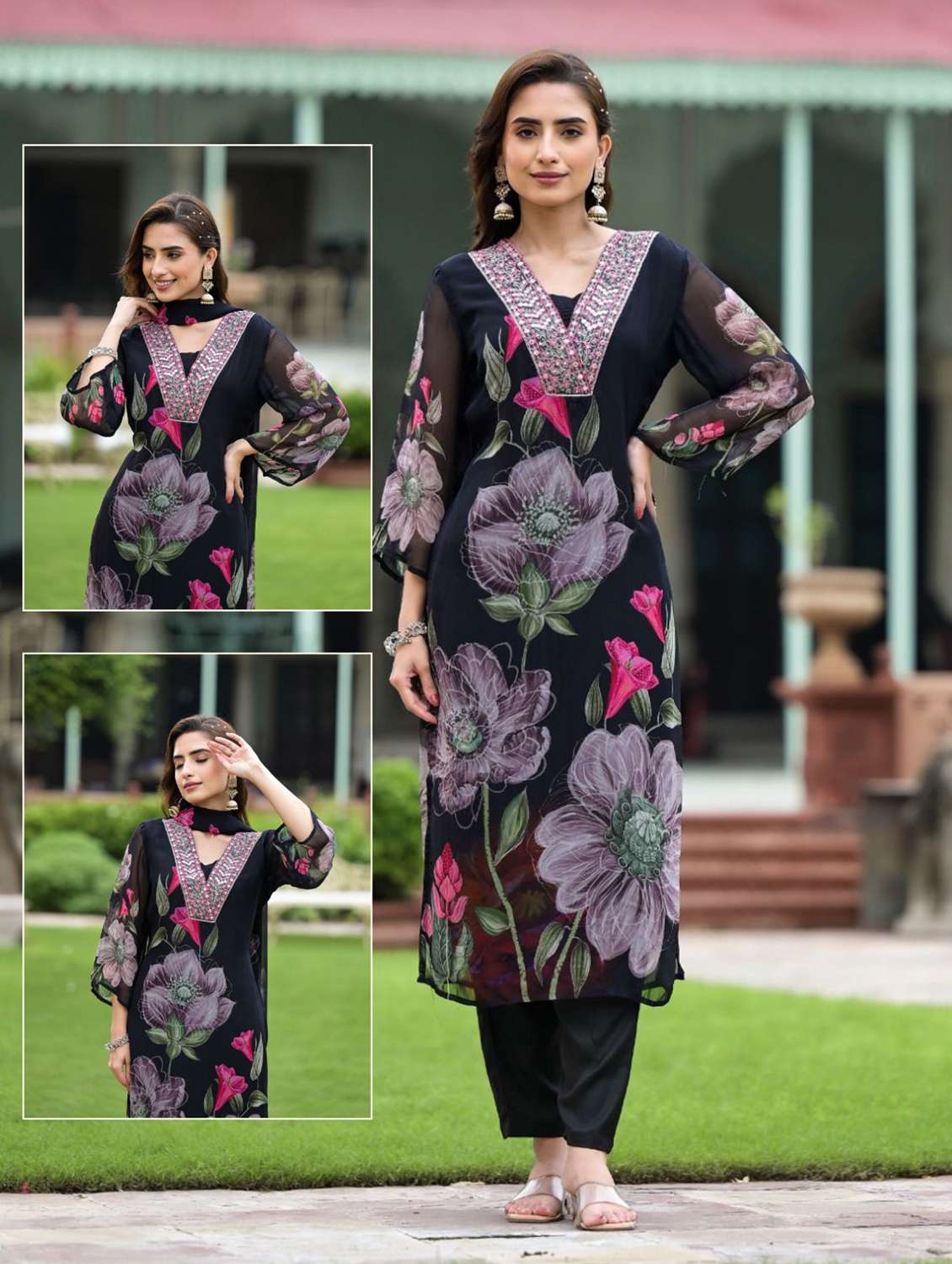 women floral three quarter sleeve kurta pant with dupatta set