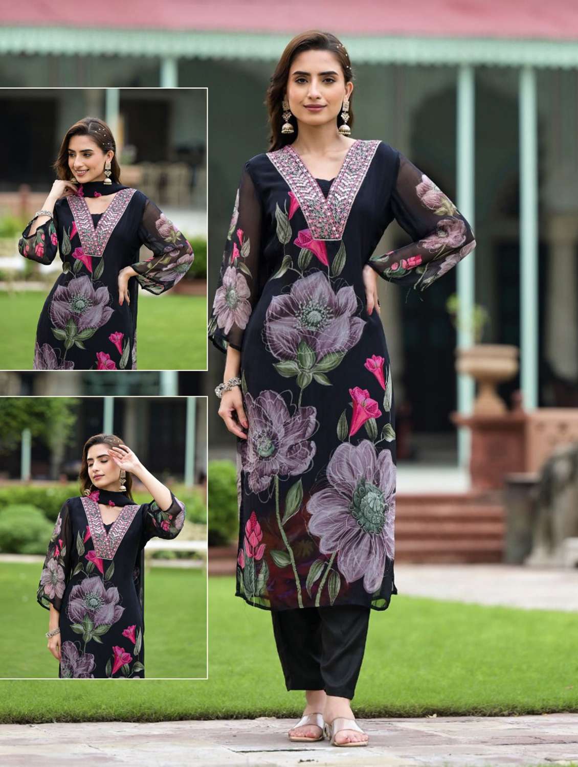 women floral three quarter sleeve kurta pant with dupatta set - 22379429 -  Standard Image - 3