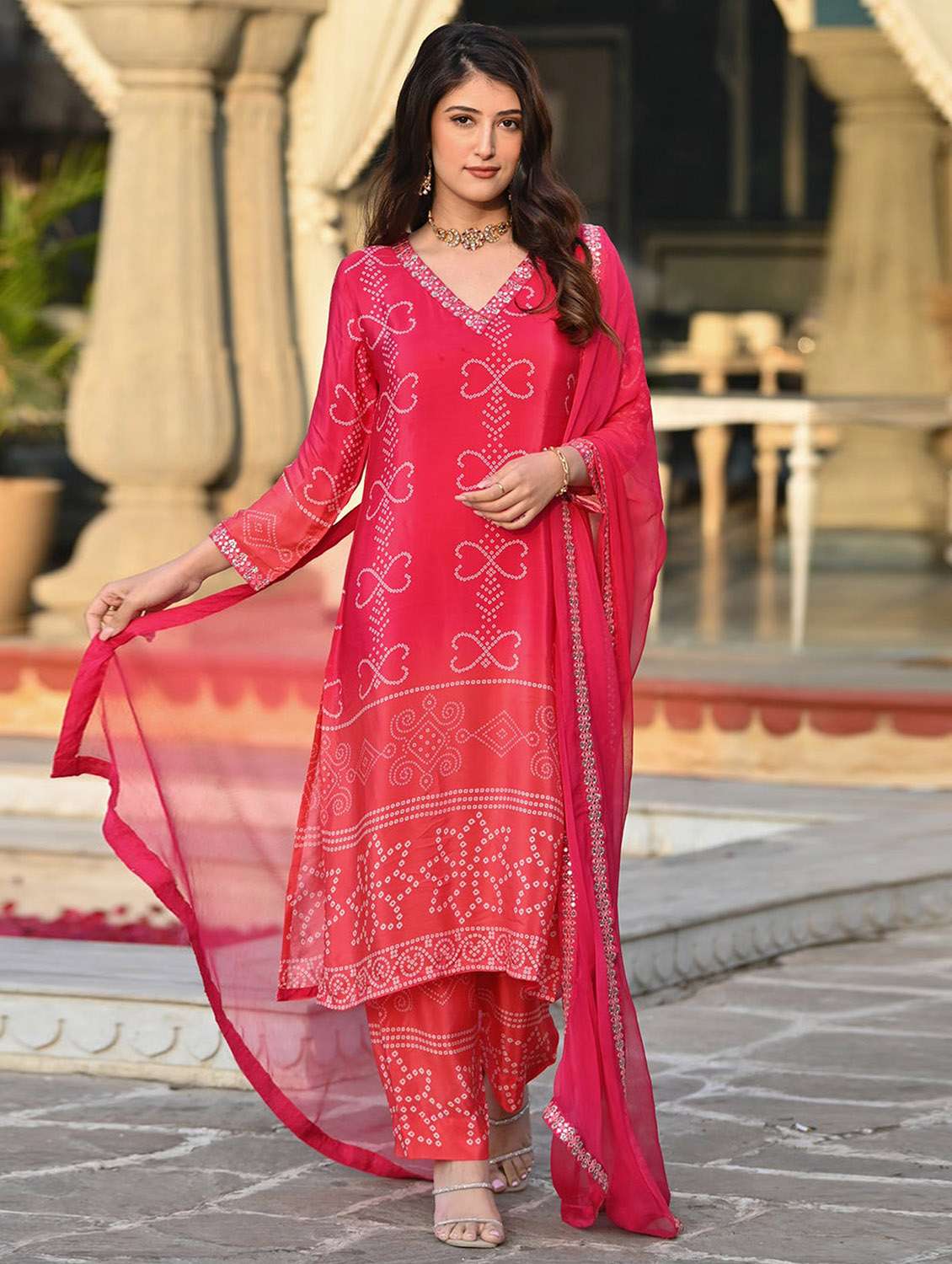 women bandhani three quarter sleeve kurta pant with dupatta set - 22379430 -  Standard Image - 3