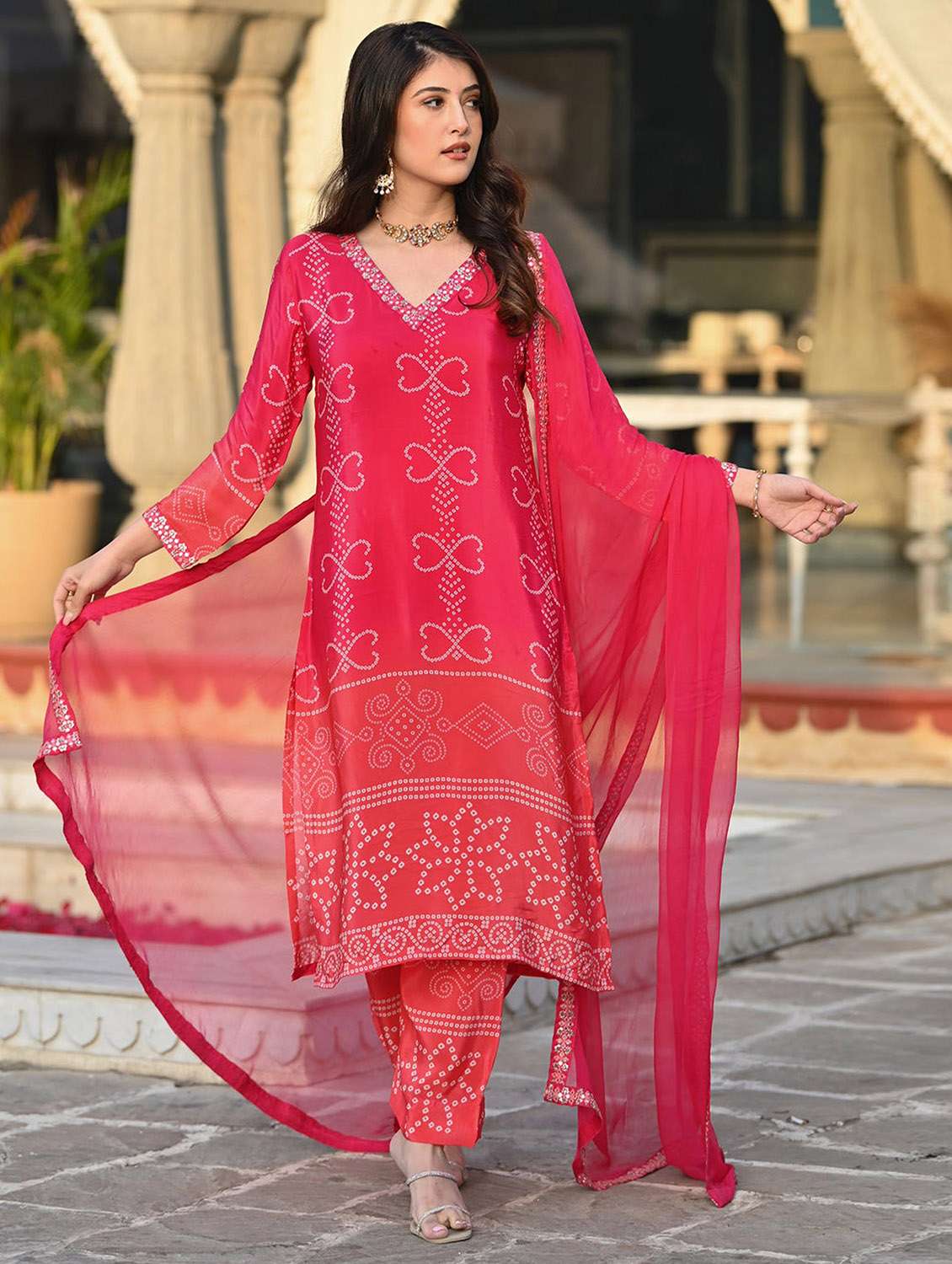 women bandhani three quarter sleeve kurta pant with dupatta set - 22379430 -  Standard Image - 5