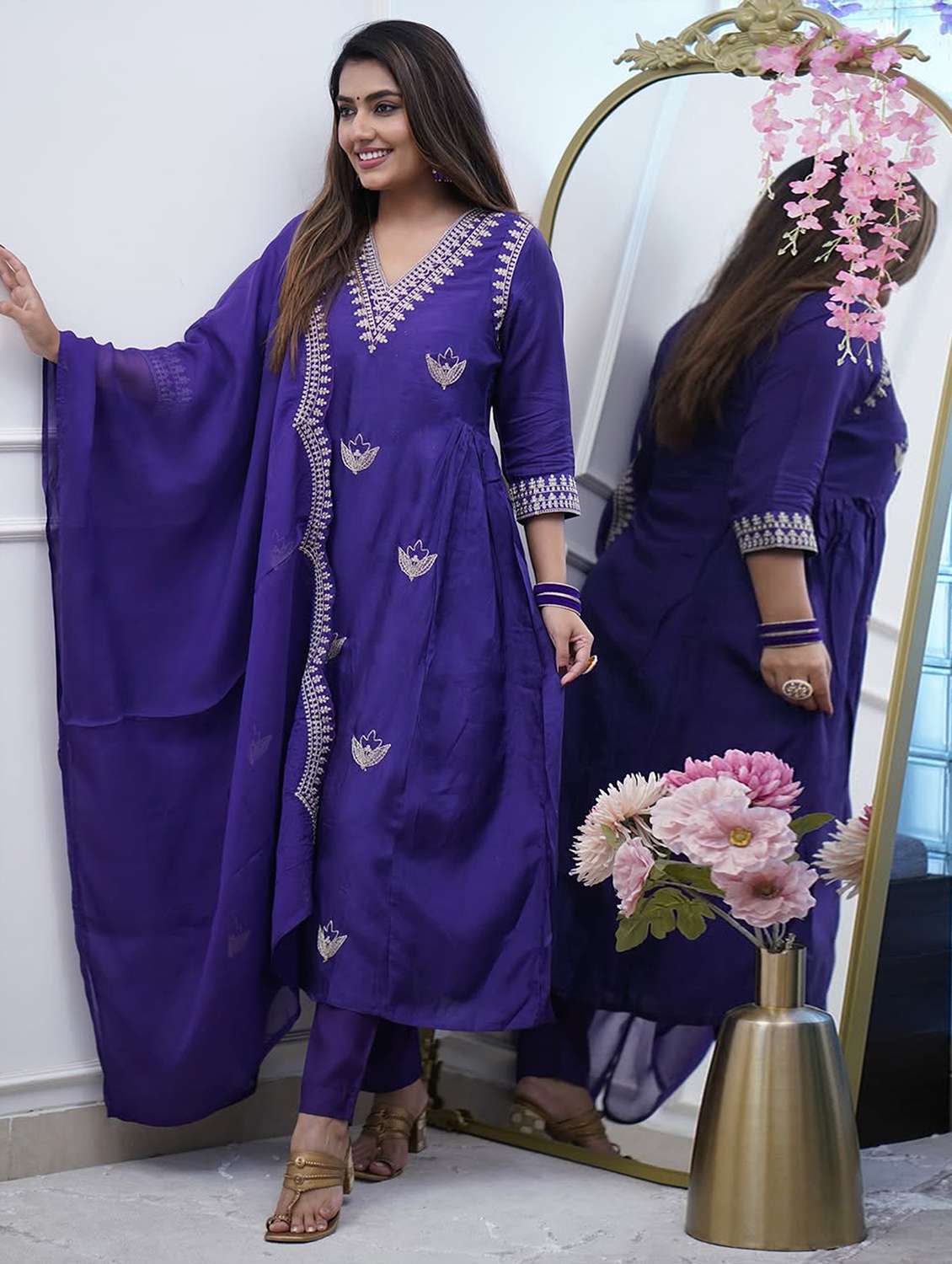 women solid with work three quarter sleeve kurta pant with dupatta set