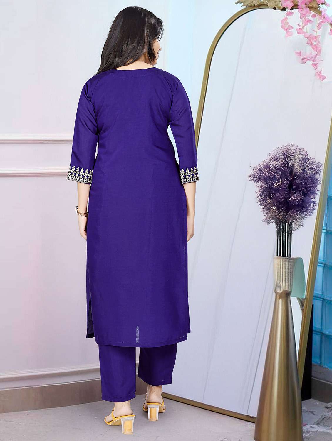women solid with work three quarter sleeve kurta pant with dupatta set - 22379434 -  Standard Image - 3