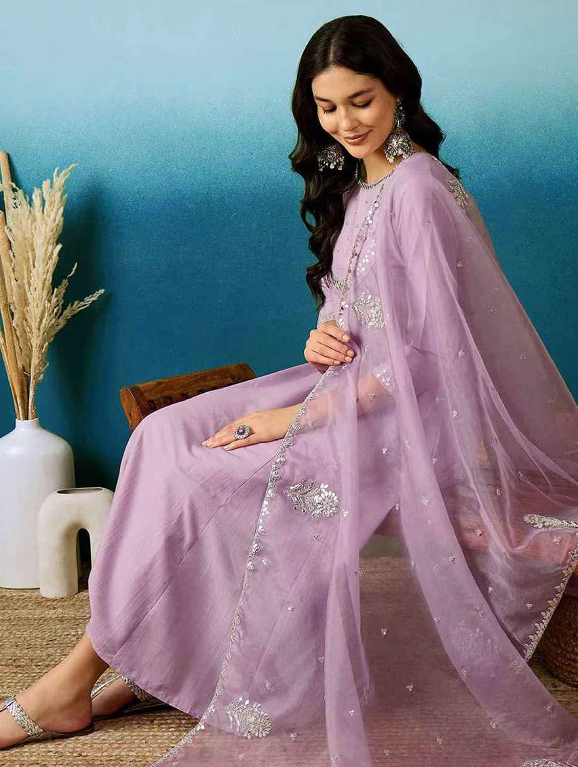 women solid with work three quarter sleeve kurta pant with dupatta set - 22379436 -  Standard Image - 3