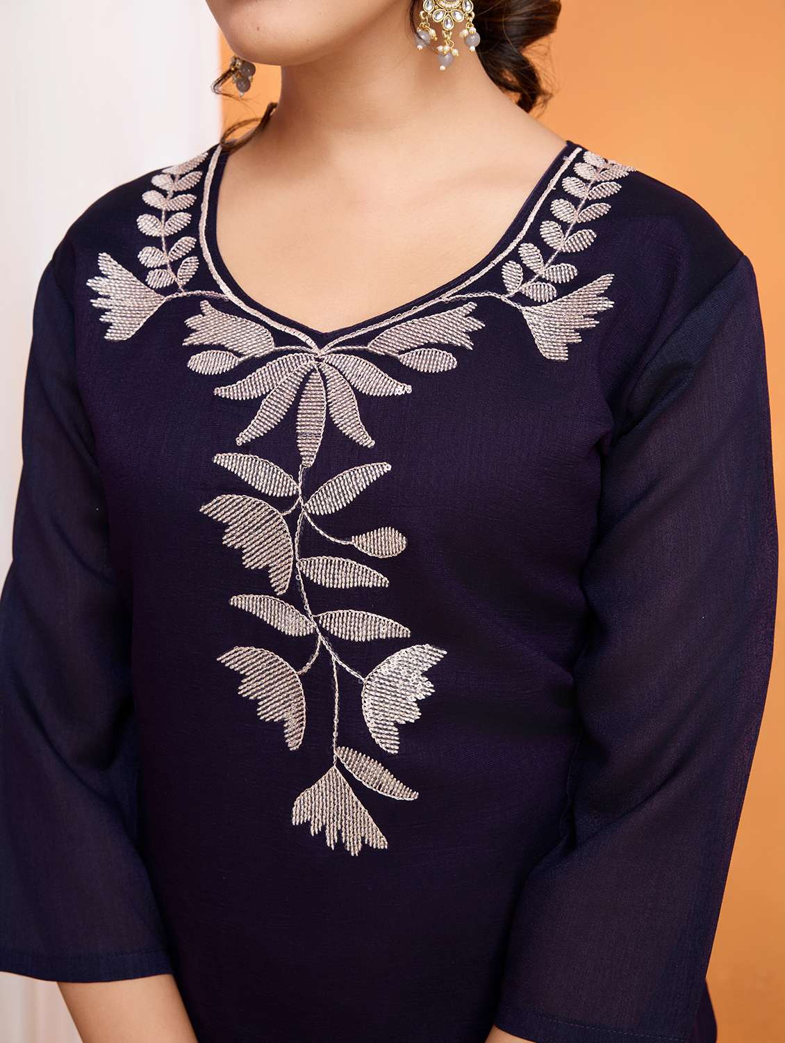 women solid with work three quarter sleeve kurta pant with dupatta set - 22379450 -  Standard Image - 5