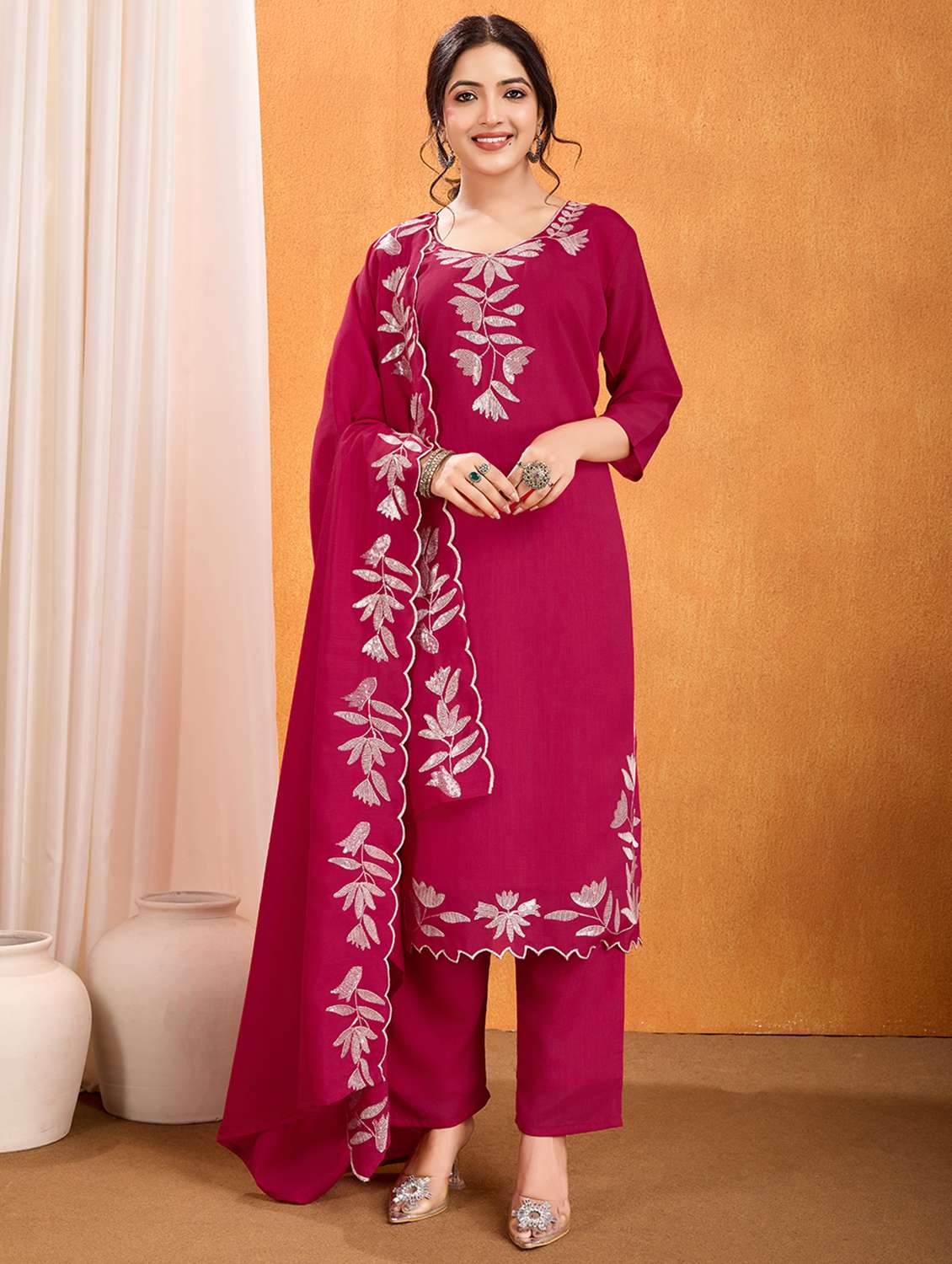 women solid with work three quarter sleeve kurta pant with dupatta set
