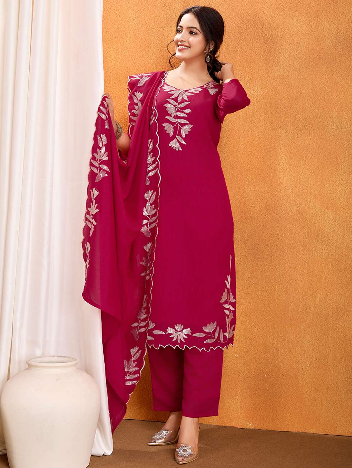 women solid with work three quarter sleeve kurta pant with dupatta set - 22379451 -  Standard Image - 3