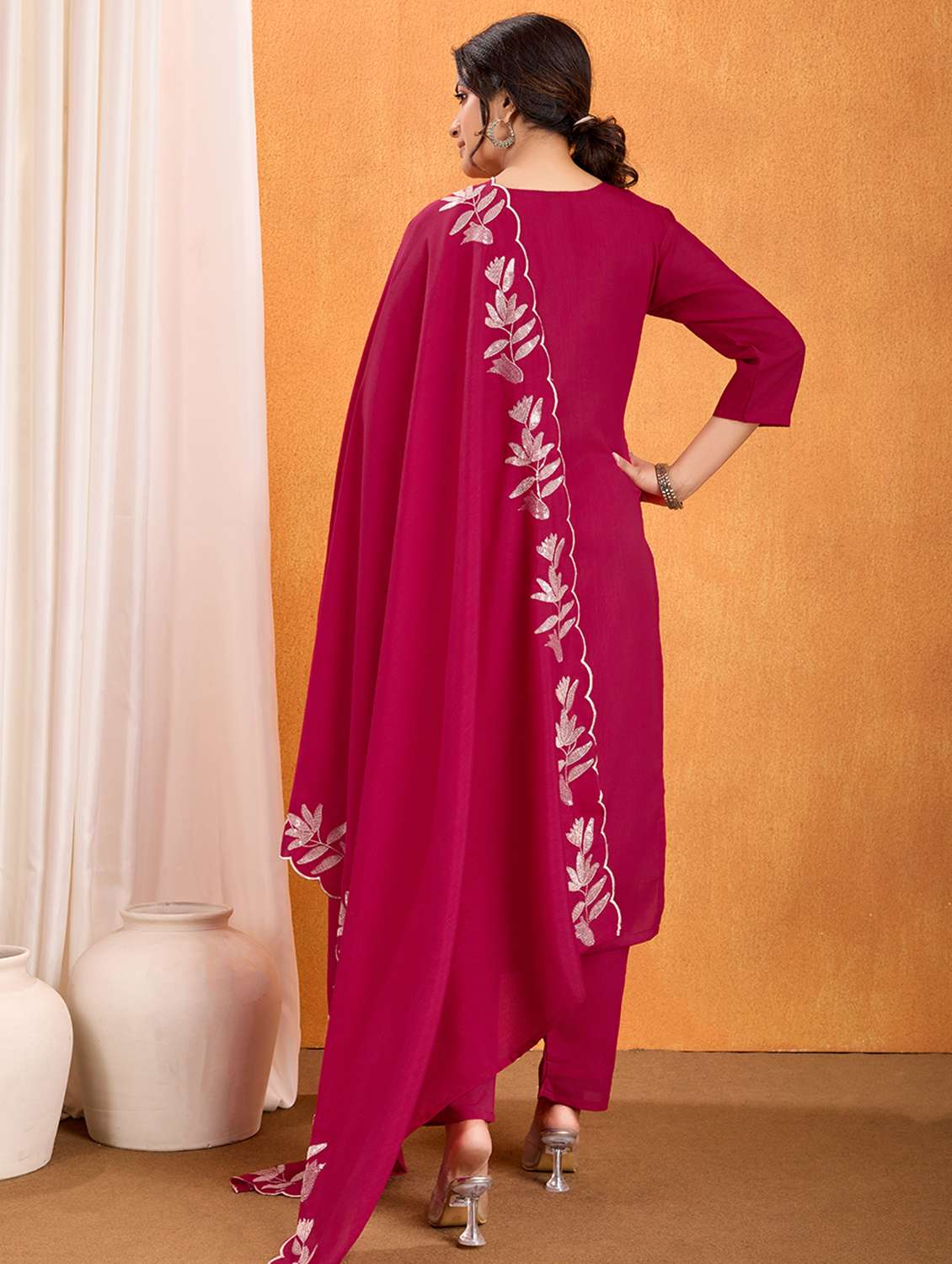 women solid with work three quarter sleeve kurta pant with dupatta set - 22379451 -  Standard Image - 5