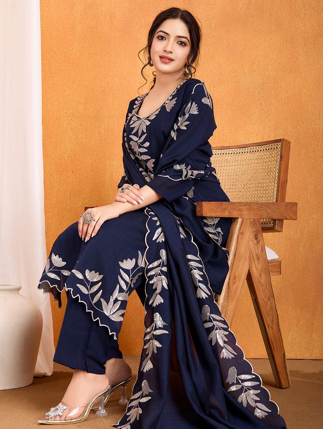 women solid with work three quarter sleeve kurta pant with dupatta set - 22379452 -  Standard Image - 3