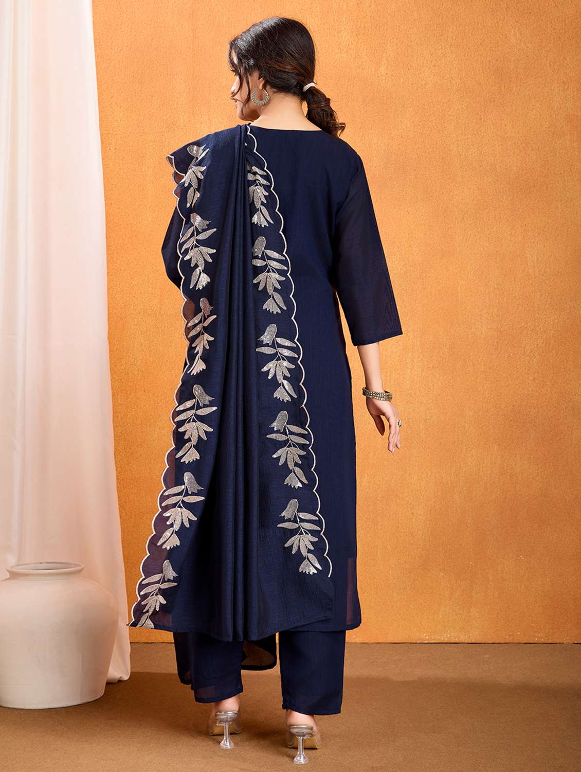 women solid with work three quarter sleeve kurta pant with dupatta set - 22379452 -  Standard Image - 5