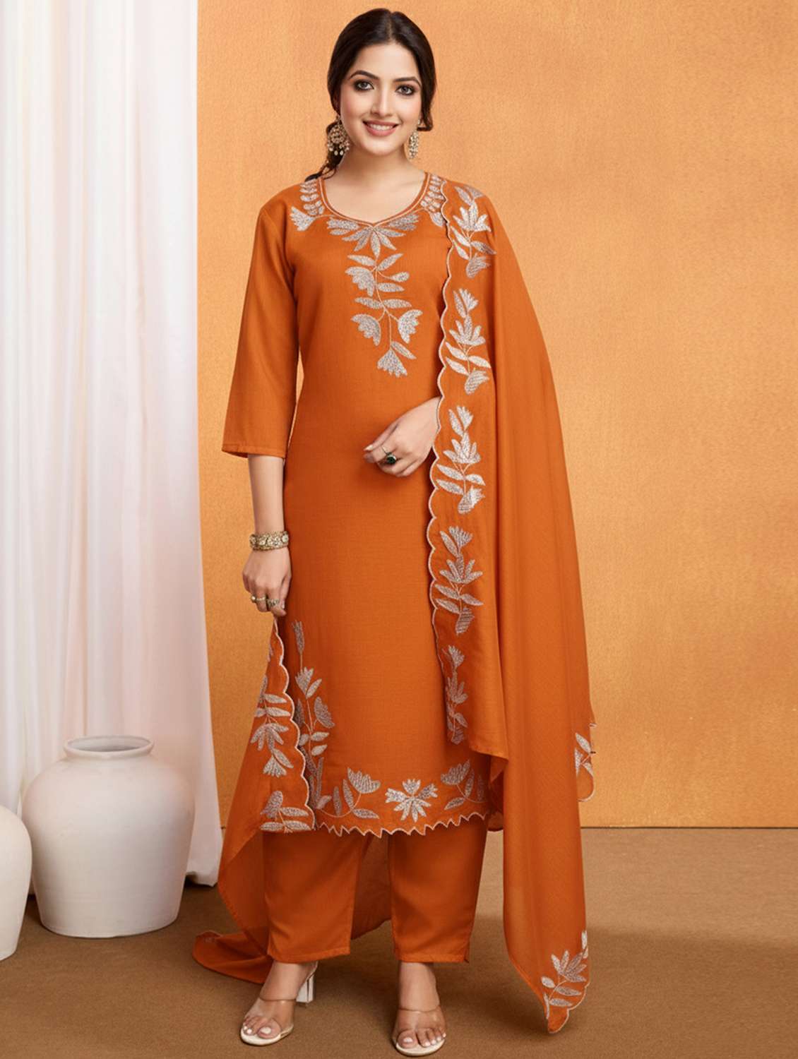 women solid with work three quarter sleeve kurta pant with dupatta set
