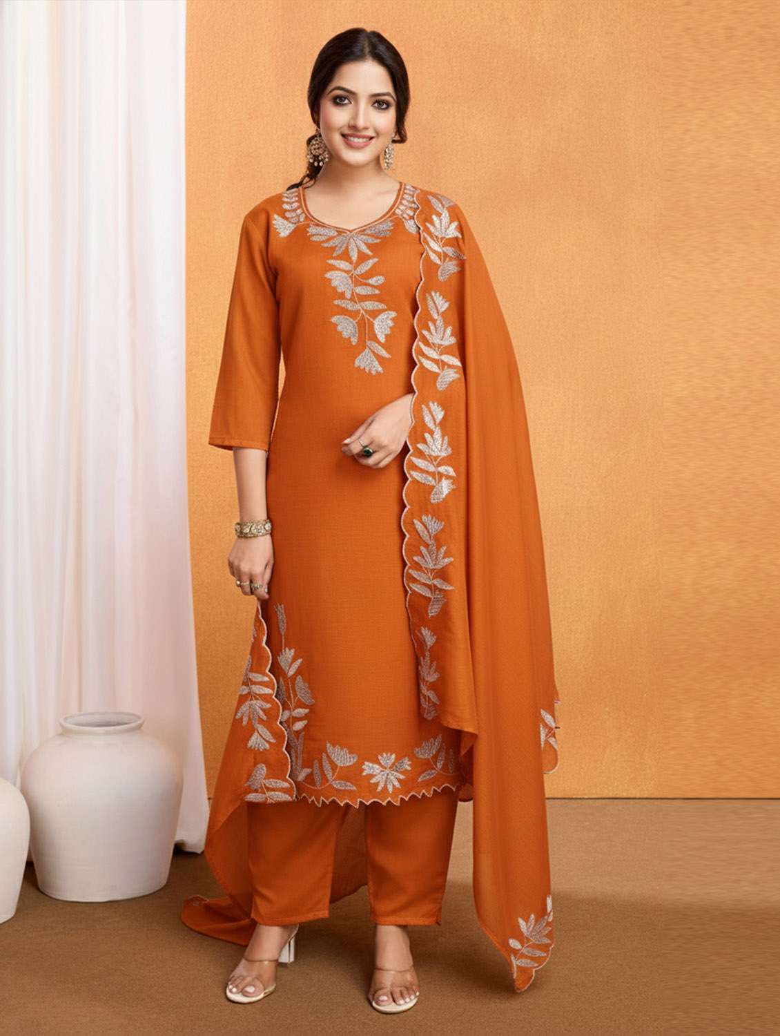 women solid with work three quarter sleeve kurta pant with dupatta set - 22379453 -  Standard Image - 3