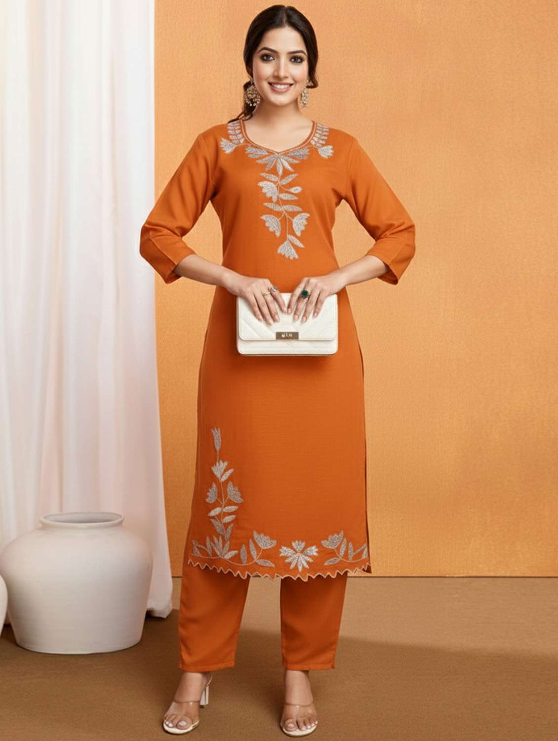 women solid with work three quarter sleeve kurta pant with dupatta set - 22379453 -  Standard Image - 5