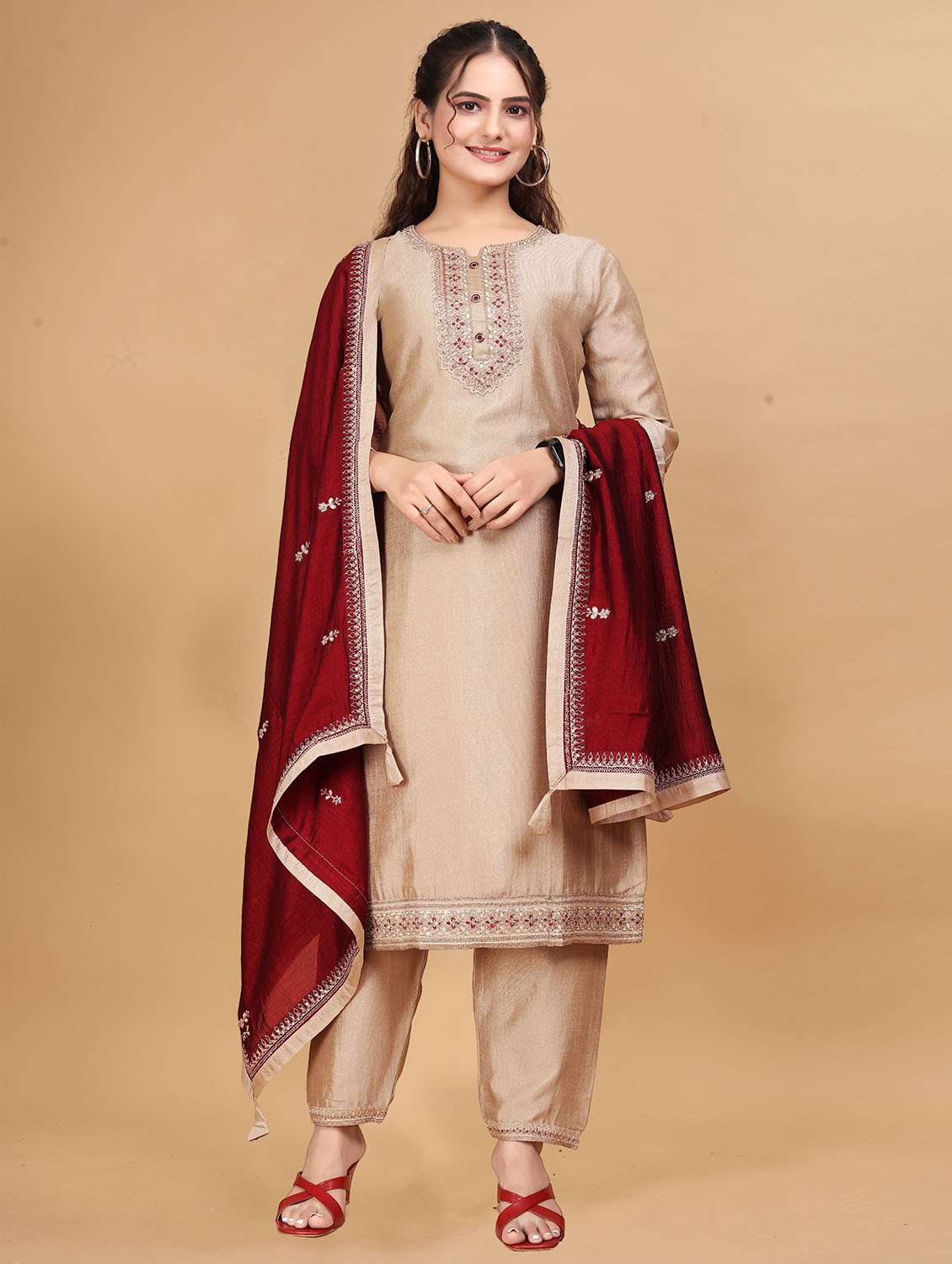 women solid with work three quarter sleeve kurta pant with dupatta set