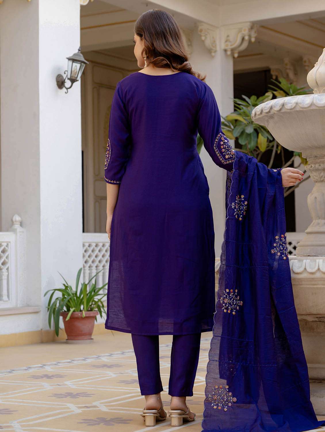 women solid with work three quarter sleeve kurta pant with dupatta set - 22379462 -  Standard Image - 5