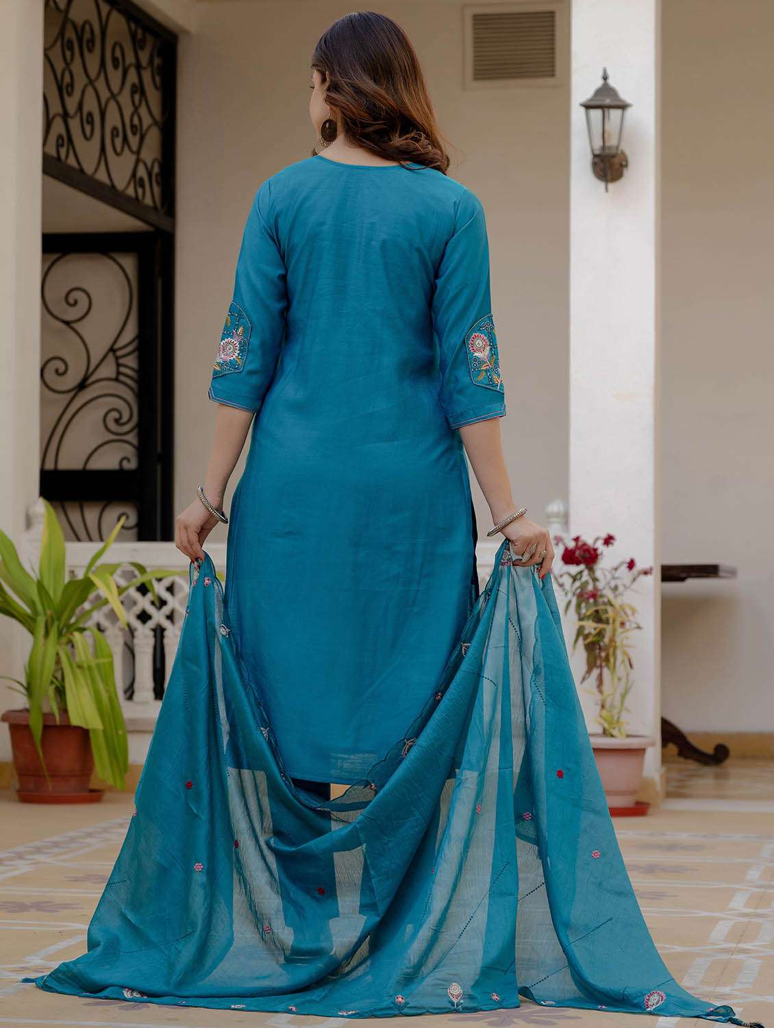women solid with work three quarter sleeve kurta pant with dupatta set - 22379465 -  Standard Image - 5