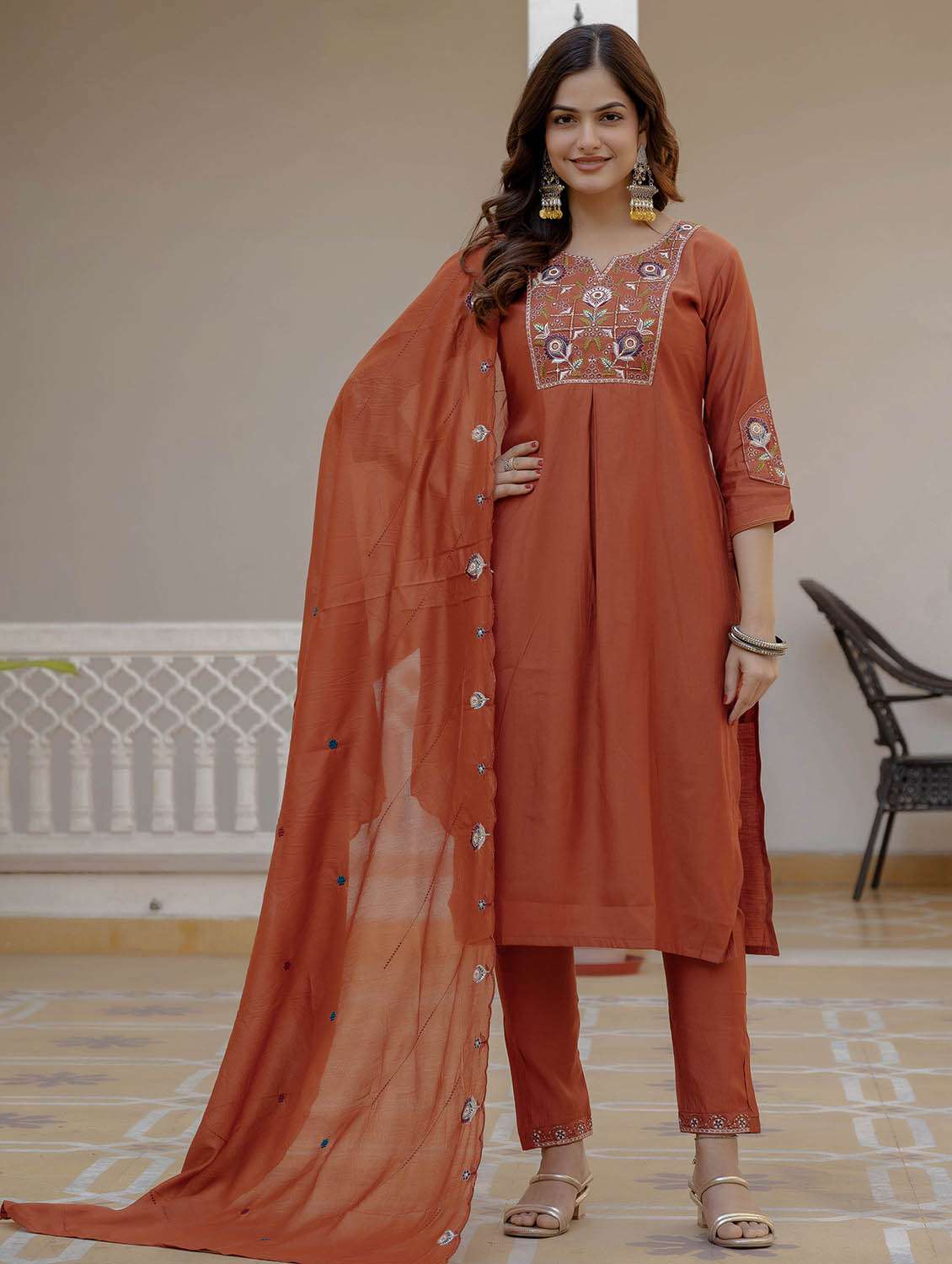 women solid with work three quarter sleeve kurta pant with dupatta set