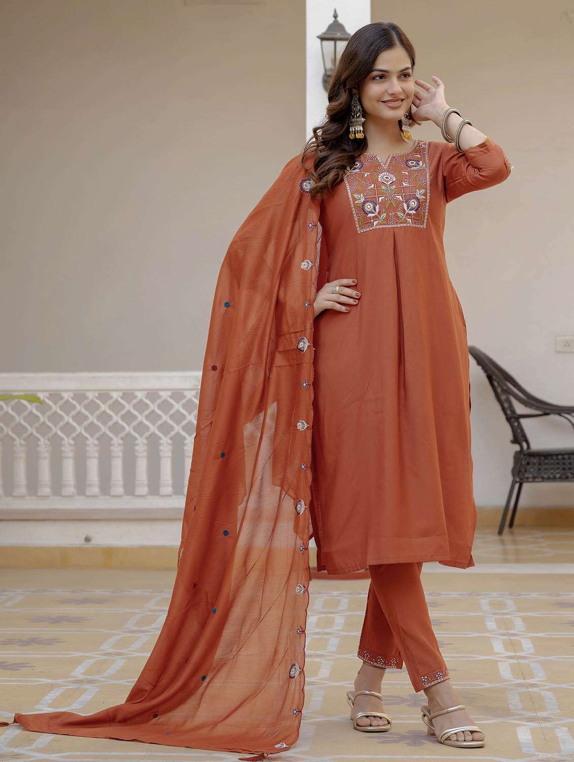women solid with work three quarter sleeve kurta pant with dupatta set - 22379468 -  Standard Image - 3