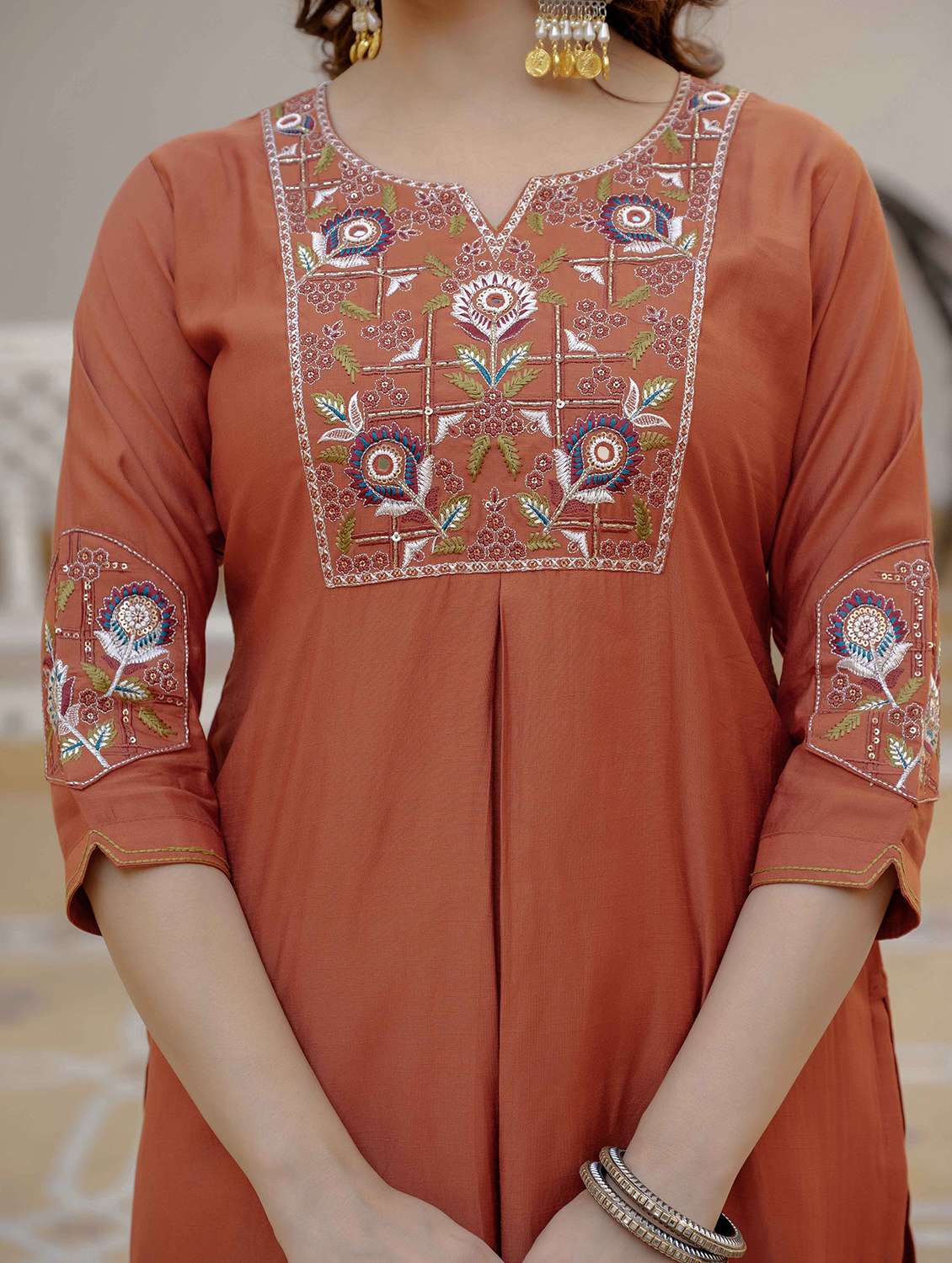 women solid with work three quarter sleeve kurta pant with dupatta set - 22379468 -  Standard Image - 5