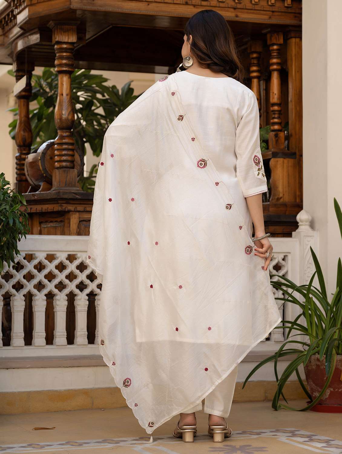 women solid with work three quarter sleeve kurta pant with dupatta set - 22379469 -  Standard Image - 5