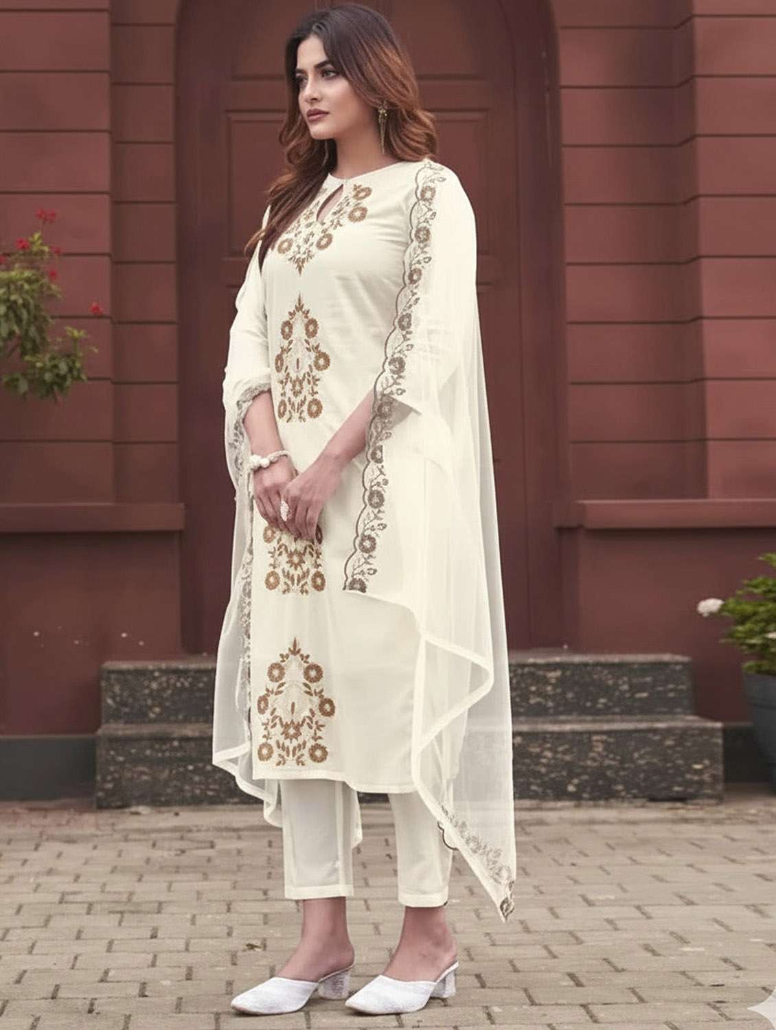 women solid with work three quarter sleeve kurta pant with dupatta set - 22379472 -  Standard Image - 3