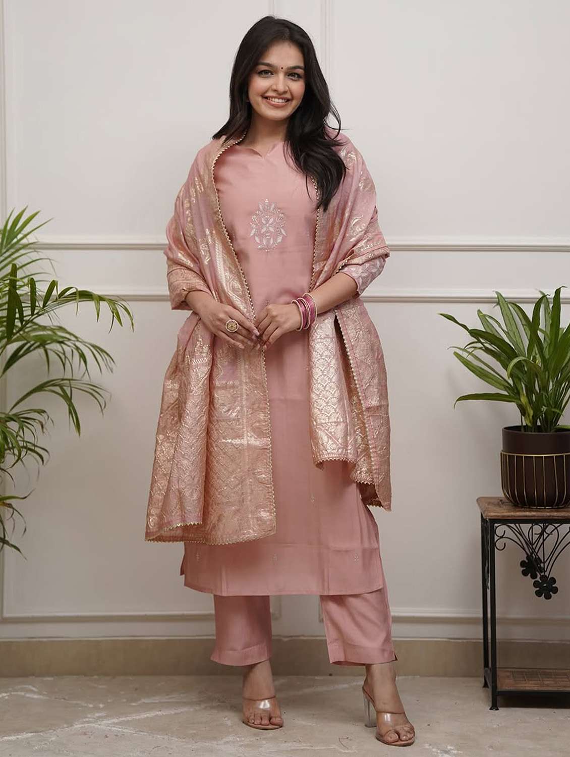 women solid with work three quarter sleeve kurta pant with dupatta set