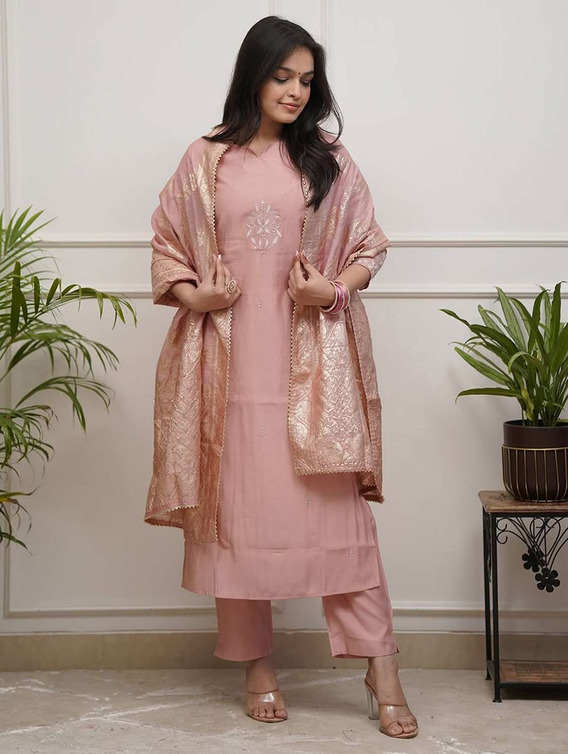 women solid with work three quarter sleeve kurta pant with dupatta set - 22379481 -  Standard Image - 3