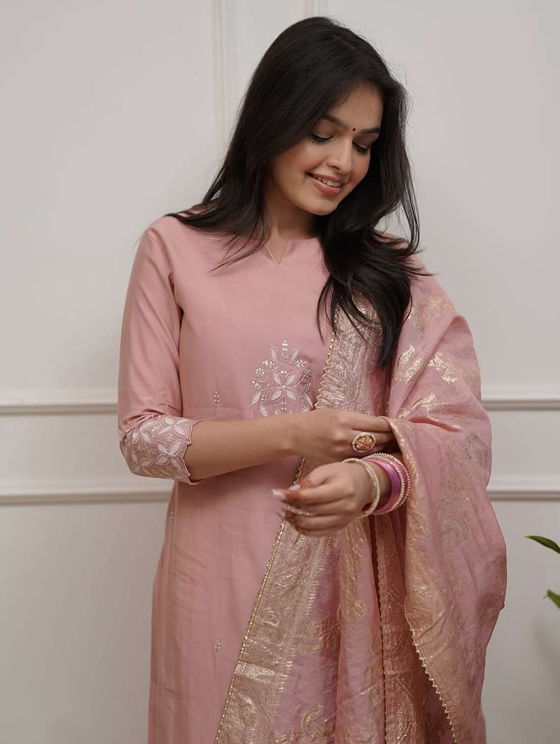 women solid with work three quarter sleeve kurta pant with dupatta set - 22379481 -  Standard Image - 5