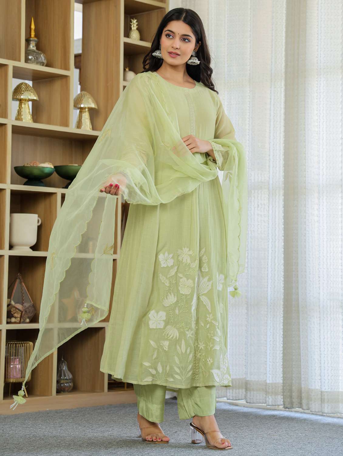 women solid with work long sleeve kurta pant with dupatta set - 22379486 -  Standard Image - 3