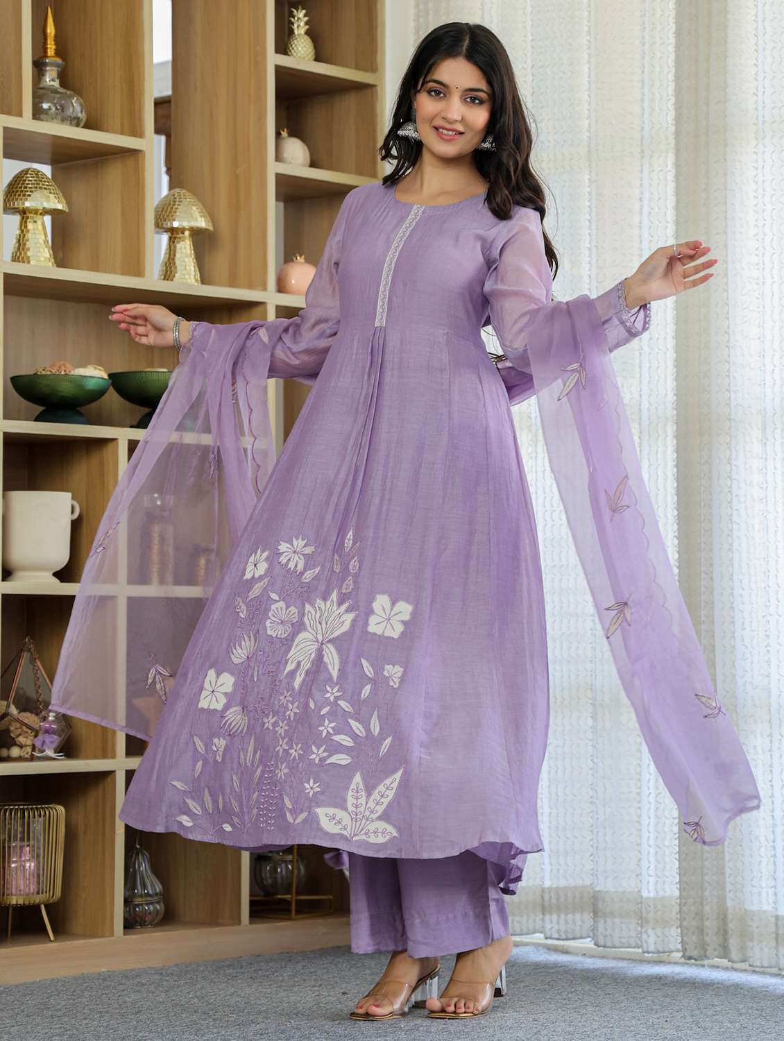 women solid with work long sleeve kurta pant with dupatta set - 22379487 -  Standard Image - 3