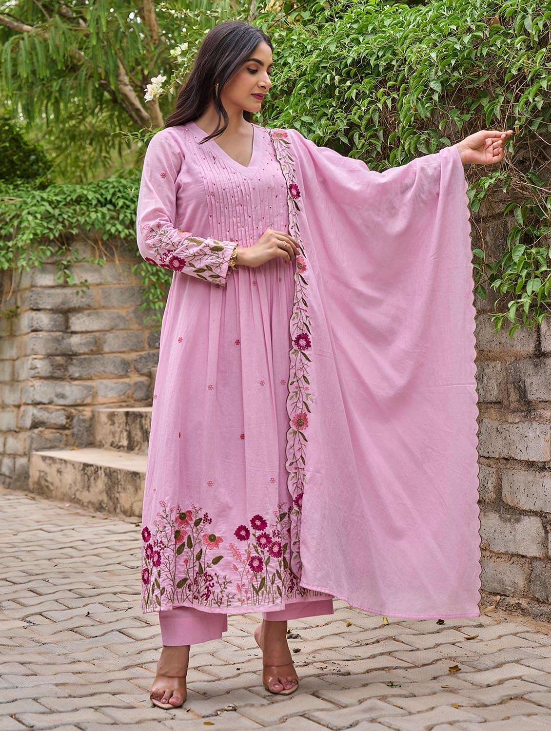 women solid with work long sleeve kurta pant with dupatta set - 22379491 -  Standard Image - 3